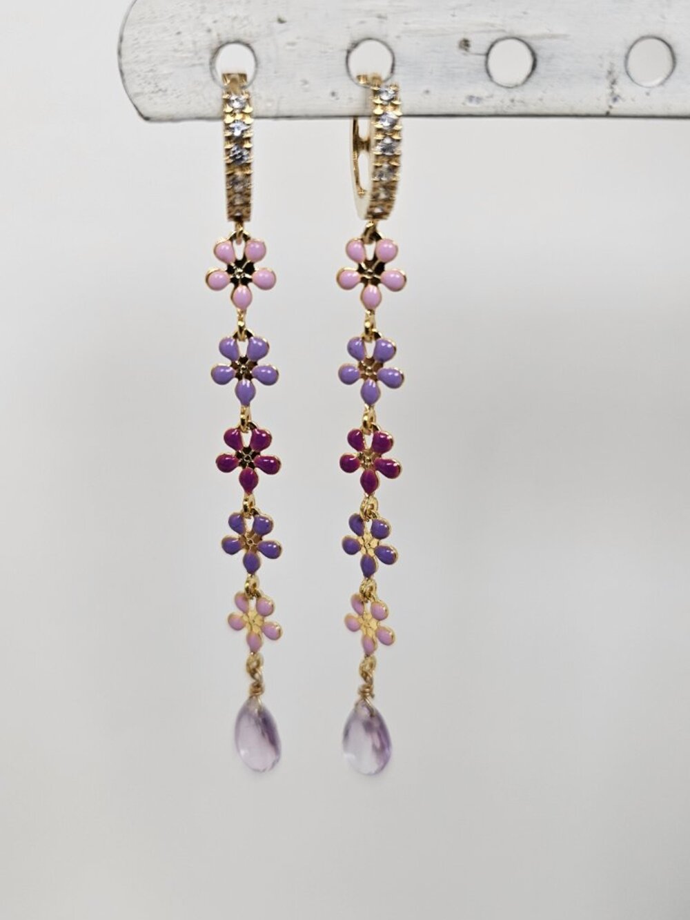 14K Gold Plate Sterling Silver Earrings Pink Purple Amethyst Daisy Enamel Dangle - Picture 9 of 11
